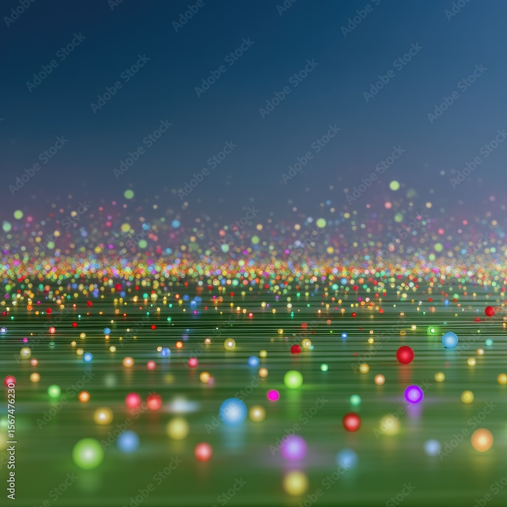 Poster glowing colorful network nodes on green background