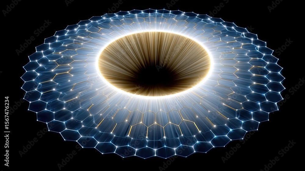 Poster glowing concentric hexagons forming honeycomb structure