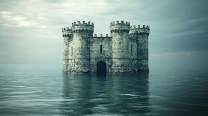 Misty castle floats on water