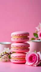 Pink macarons stacked with roses and tea cups, dessert photography, sweet treats, baking