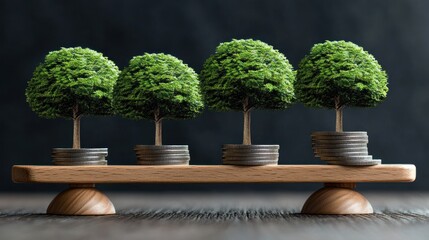Miniature trees on a wooden balance