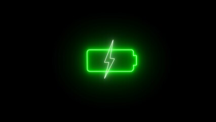 Abstract neon battery charging icon animation and black background. Neon line battery charging icon illustration.