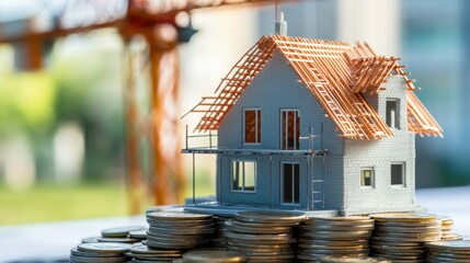 Miniature house under construction on coins