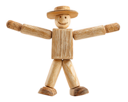 Wooden figurine with hat, smiling face, outstretched arms, and legs, isolated on transparency background, playful and cheerful handcrafted object - Powered by Adobe