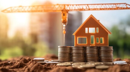 Miniature house on coins, crane in background