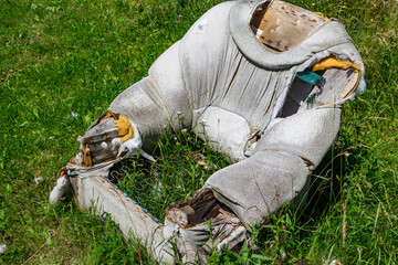 An old chair with no bottom and grass growing through it standing outdoors