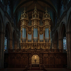 The text describes a dark Gothic cathedral with a grand organ featuring gold accents.