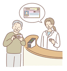 病院でマイナンバーカードを提示する高齢者（おじいさん）