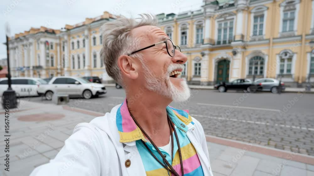 Poster man with a beard and glasses is taking a selfie in front of a building. the image has a casual and f