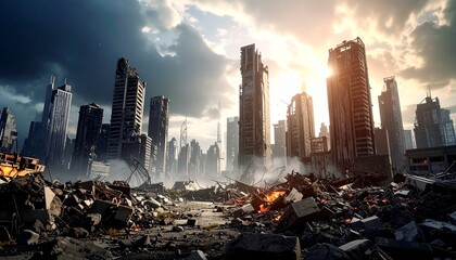 Destroyed futuristic city skyline after catastrophic war with heavy urban devastation