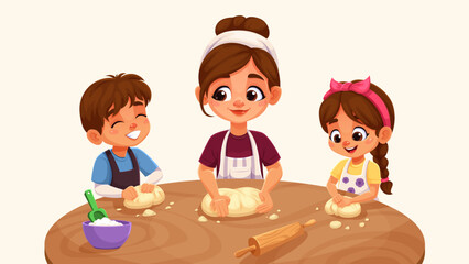 Children make dough, boy and girl chef cook bread or pizza, vector cartoon characters. Mother with children kneading dough at table with flour and rolling pin, making dough for bread or pizza