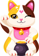 Japanese Maneki Neko lucky cat cartoon character of fortune and money, vector symbol. Japanese Maneki Neko cat or kitty kitten with waving paw, smile and gold coins pot for Japanese luck symbol