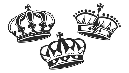 Fototapeta premium Three stylized crowns with crosses and fleur de lis in black and white illustration style design art