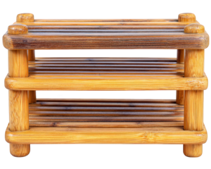 Bamboo shoe rack with multiple levels, natural wood color, rectangular shape, eco friendly, home storage, minimalist style, isolated on transparency background