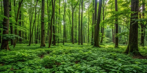 Obraz premium Dense foliage with dark green leaves covering the forest floor, trees, greens