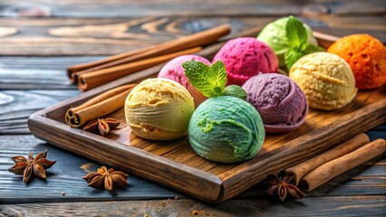 Colorful Cinnamon Ice Cream Balls on a Wooden Tray with Fresh Cinnamon Sticks , treat, wooden tray