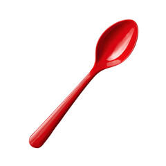 Shiny red plastic spoon, simple disposable utensil isolated on transparent background

