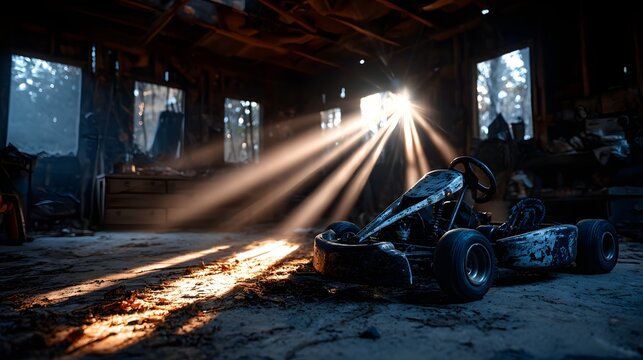 Verlassenes Go-Kart in staubiger Werkstatt mit dramatischen Lichtstrahlen
