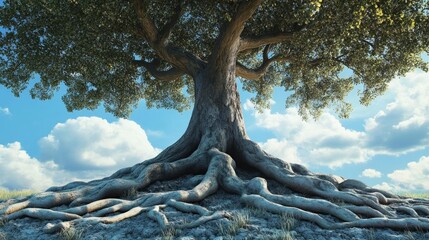 Majestic tree roots against a blue sky
