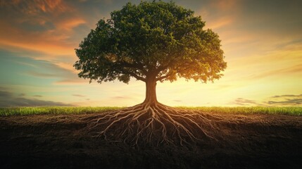 Majestic tree rooted in the earth at sunset
