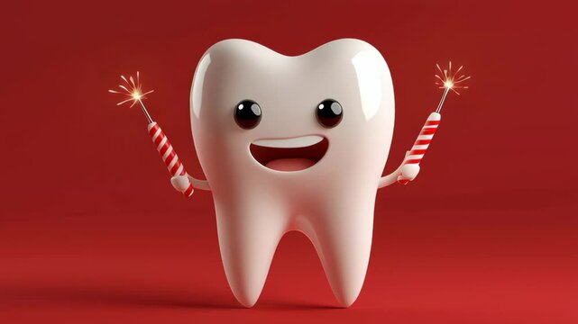 Tooth is holding two lit candles in its mouth. The tooth is smiling and he is happy