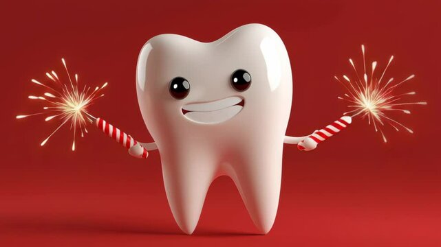 Tooth is holding two lit candles in its mouth. The tooth is smiling and he is happy