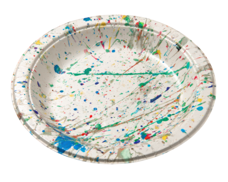 Colorful abstract disposable plate with vibrant paint splatter design round shape transparency background creative playful artistic modern isolated on white