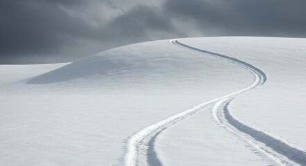 Winding Ski Tracks Carving Lines on a Snowy Hill Beneath a Moody Winter Sky
