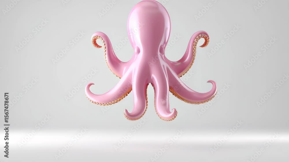 Poster pink octopus is floating in the air. the image has a whimsical and playful mood, as the octopus is n