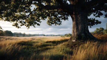 Majestic oak tree stands alone in a peaceful countryside landscape