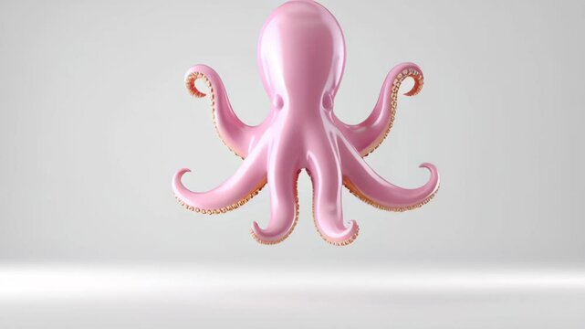 Pink octopus is floating in the air. The image has a whimsical and playful mood, as the octopus is not a real creature but rather a cartoon or digital creation