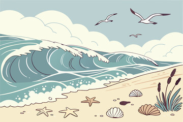 Stylized ocean waves crashing on a sandy beach with seagulls
