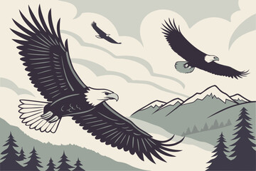 Two bald eagles soaring over mountains and trees bird