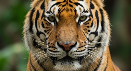 Intense gaze of a Sumatran tiger with striking black stripes and green eyes