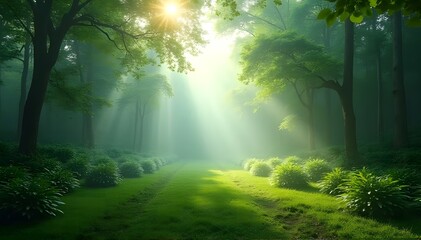 Fototapeta premium Morning sunlight through lush green forest