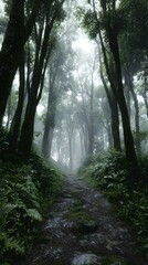 Obraz premium Enchanted forest path through a lush misty jungle