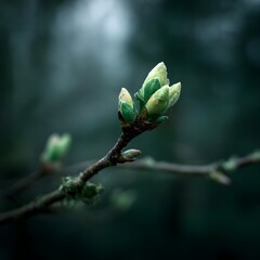 New spring bud sprouting on a branch in the forest