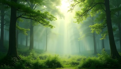 Obraz premium Rays of sun filtering through thick forest
