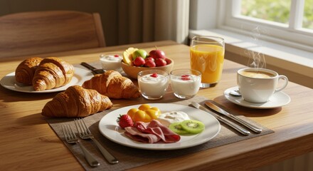 Sumptuous morning spread featuring buttery croissants steaming coffee and fresh fruit assortment