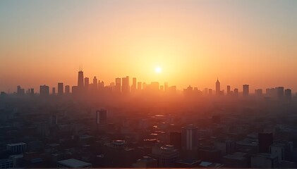Fototapeta premium Distant city skyline under warm sunlight