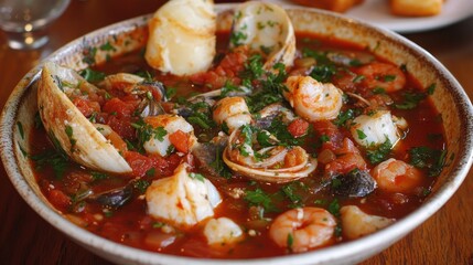 Hearty seafood stew in a bowl