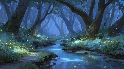 Enchanted Firefly Forest Stream