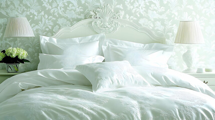Obraz premium Elegant white bedroom with ornate headboard, floral wallpaper, a