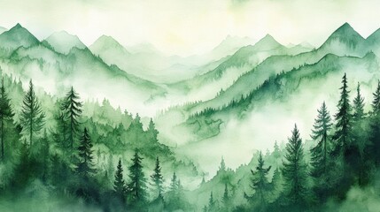 Obraz premium Watercolor of landscape forest misty mountains horizon and fog and hills,pine tree fir tree,Autumn forest background,drawn by hand,Autumn illustration design elements for landscape,wallpaper.
