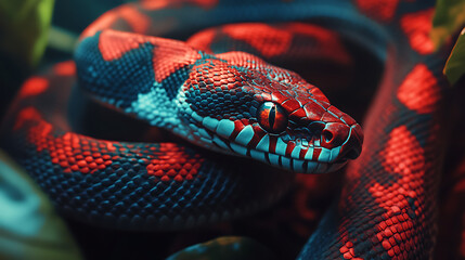 Fototapeta premium Vivid jungle snake within bright floral designs high resolution picture