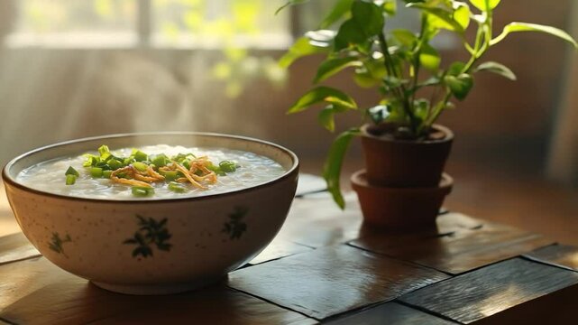 Steaming Bowl of Congee: A Comforting Breakfast Still Life Scene