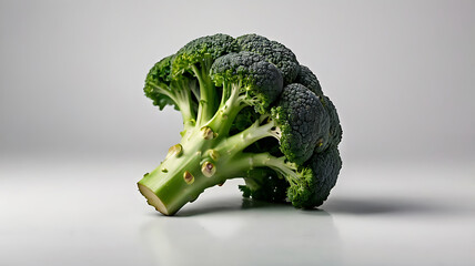 Fresh green broccoli placed on a clean white background. Use bright, even lighting to highlight texture and color. The broccoli should appear crisp and organic, ideal for health food, vegetarian, 