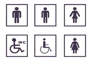 Set of public restroom icons. Includes male, female, disabled access, toilet, and shower signs. Vector pictogram collection for WC signage.