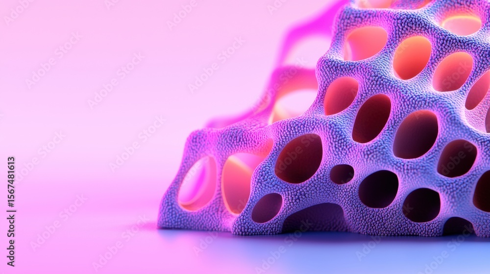 Poster A 3D rendering of a complex, organic structure with a textured surface and a gradient color scheme.
