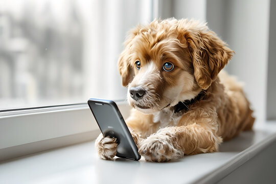 Perro descansando en el alf&eacute;izar de la ventana con un tel&eacute;fono m&oacute;vil.
